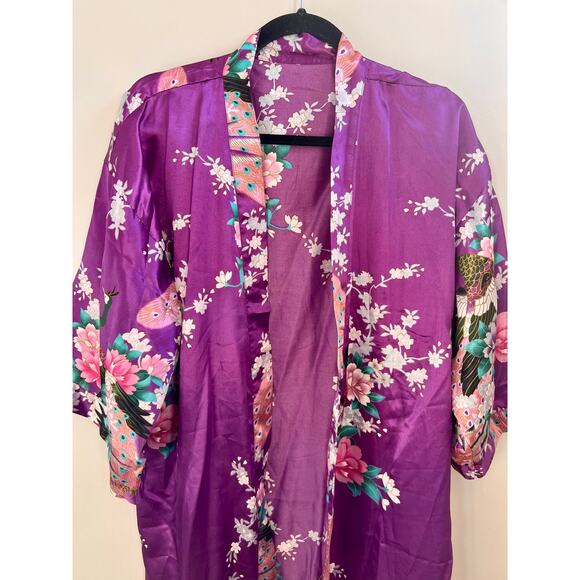 Duster or robe purple peacock floral pattern free size boho maximalist pink - Picture 1 of 7